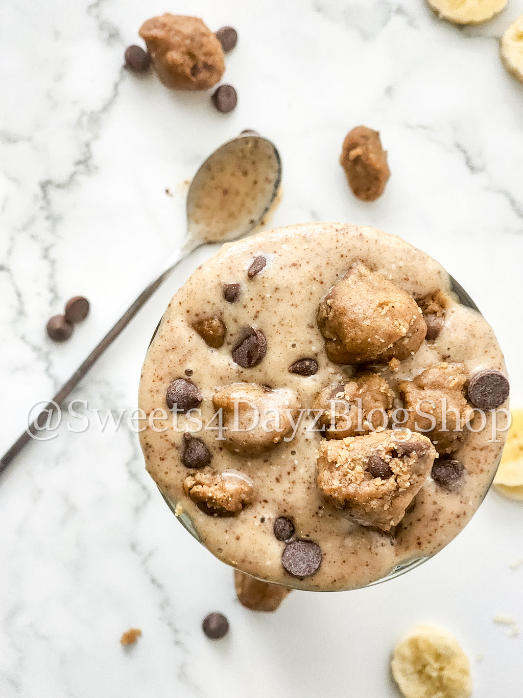 Vegan Chocolate Chip Cookie Dough Shake on Marble