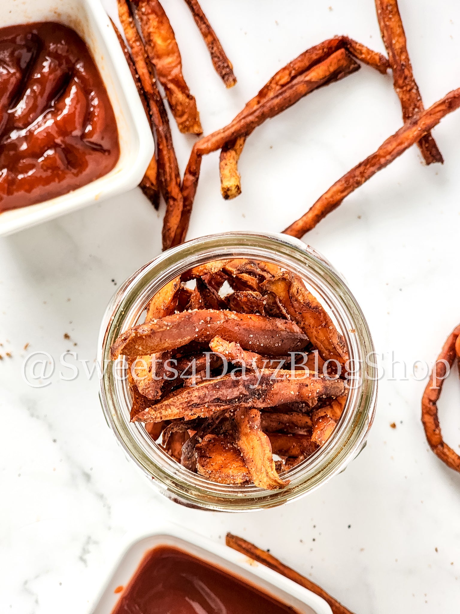 Cinnamon Chili Sweet Potato Fries on Marble