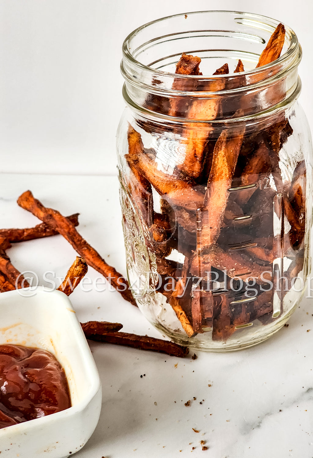 Cinnamon Chili Sweet Potato Fries on Marble