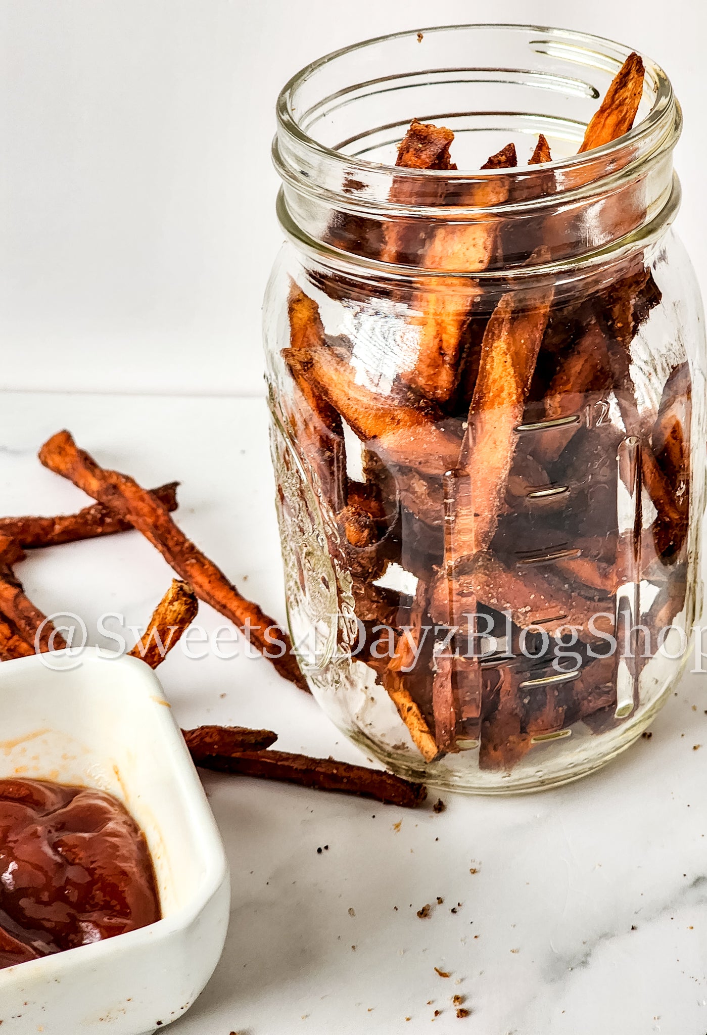 Cinnamon Chili Sweet Potato Fries on Marble