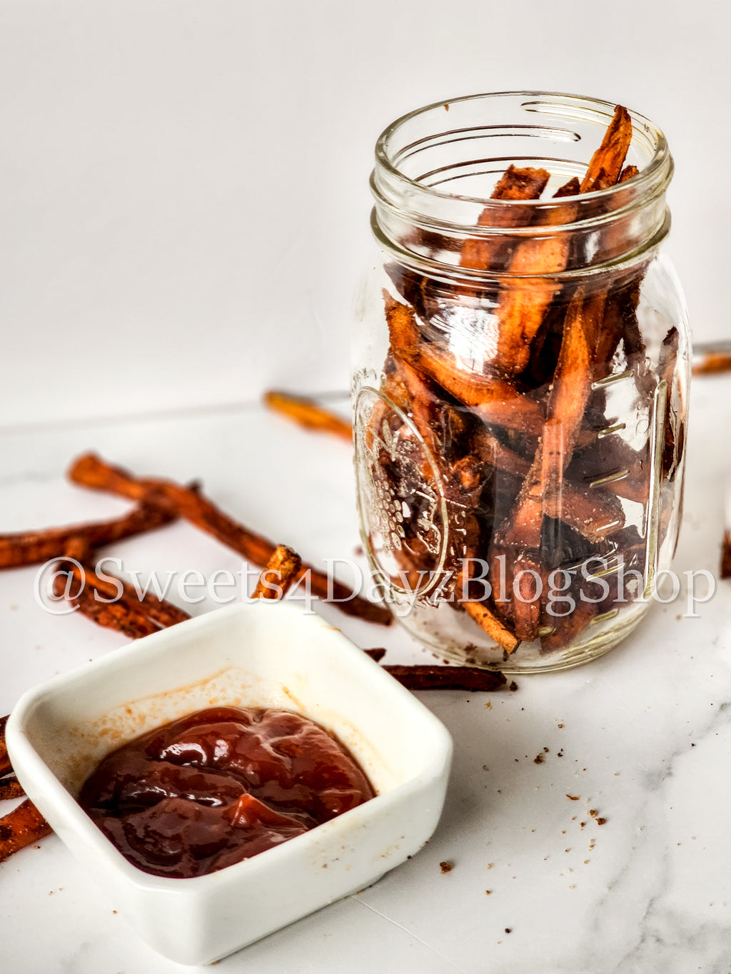 Cinnamon Chili Sweet Potato Fries on Marble