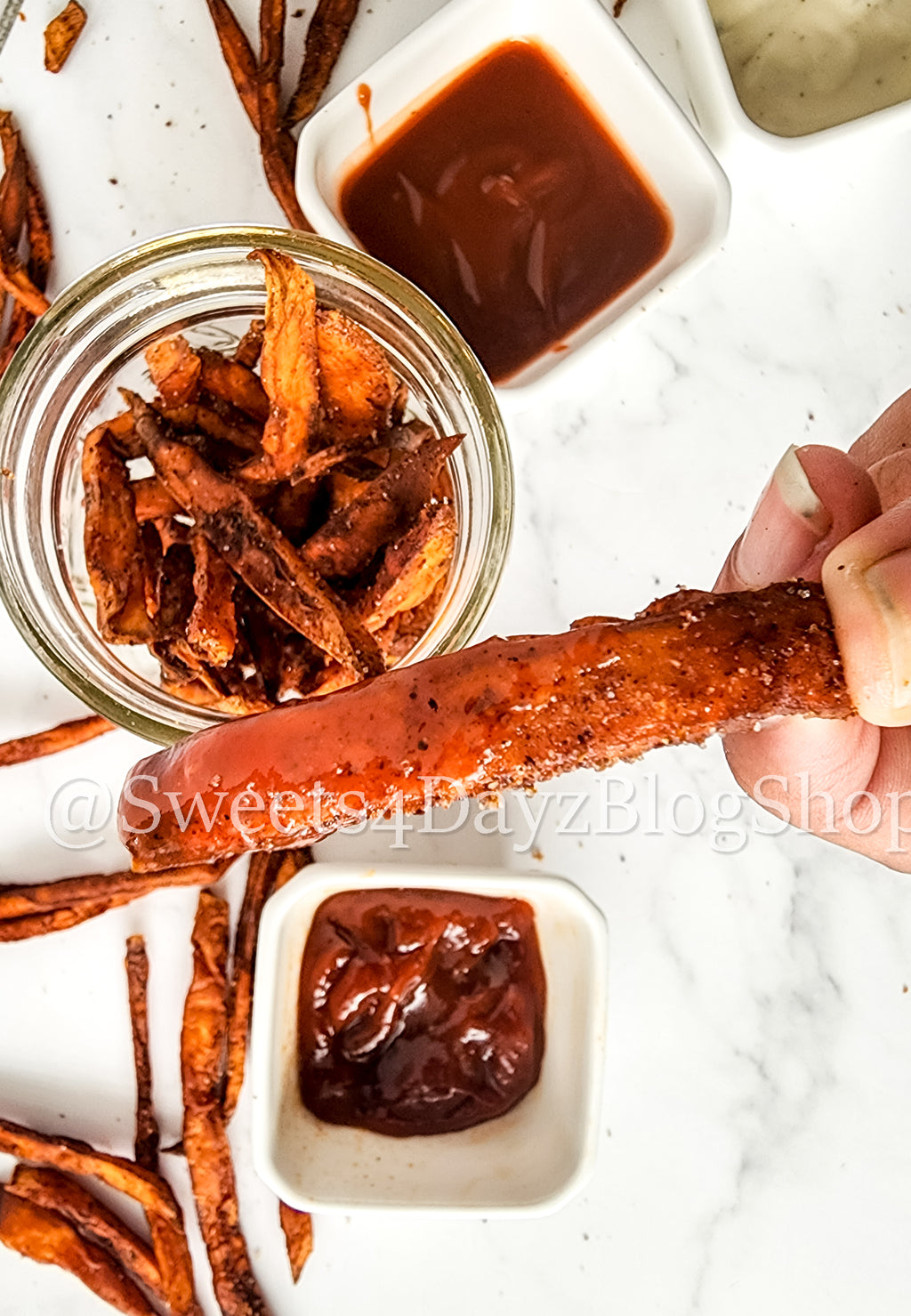 Cinnamon Chili Sweet Potato Fries on Marble