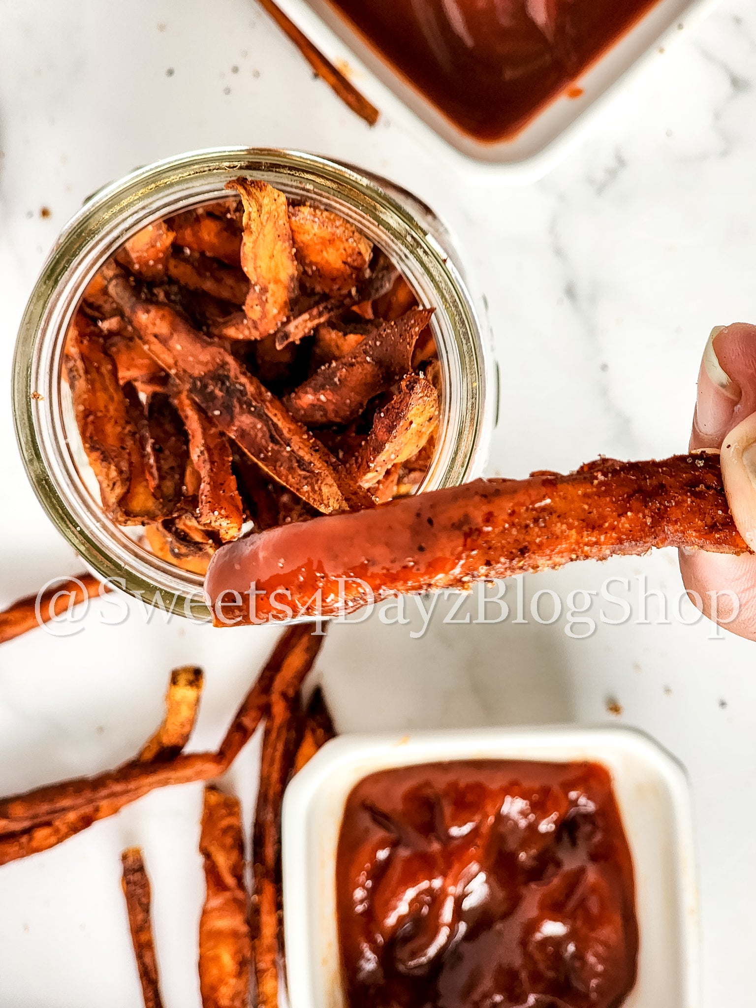 Cinnamon Chili Sweet Potato Fries on Marble