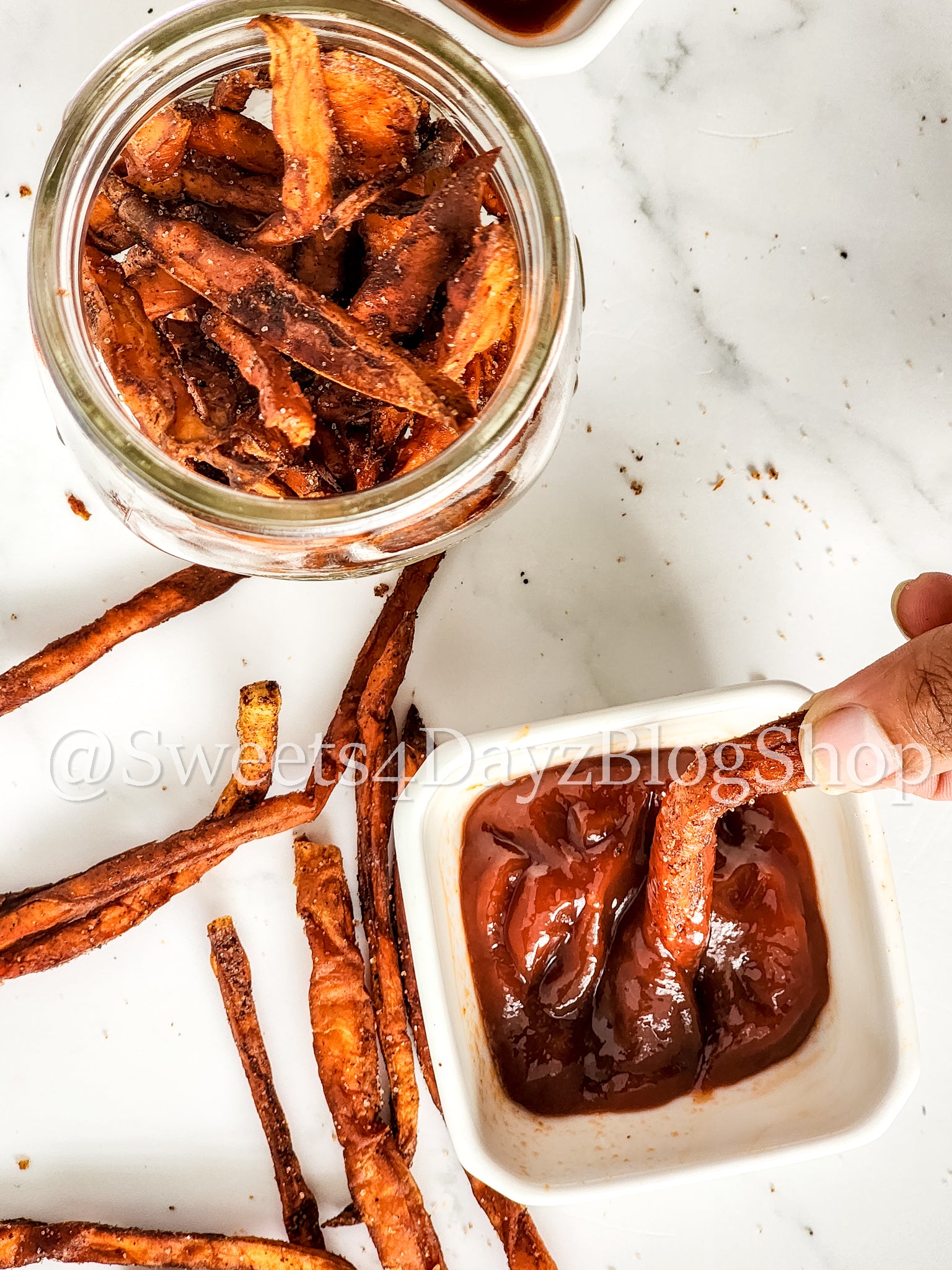 Cinnamon Chili Sweet Potato Fries on Marble