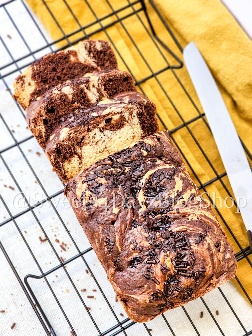 Chocolate Vanilla Swirl Ice Cream Bread on Linen