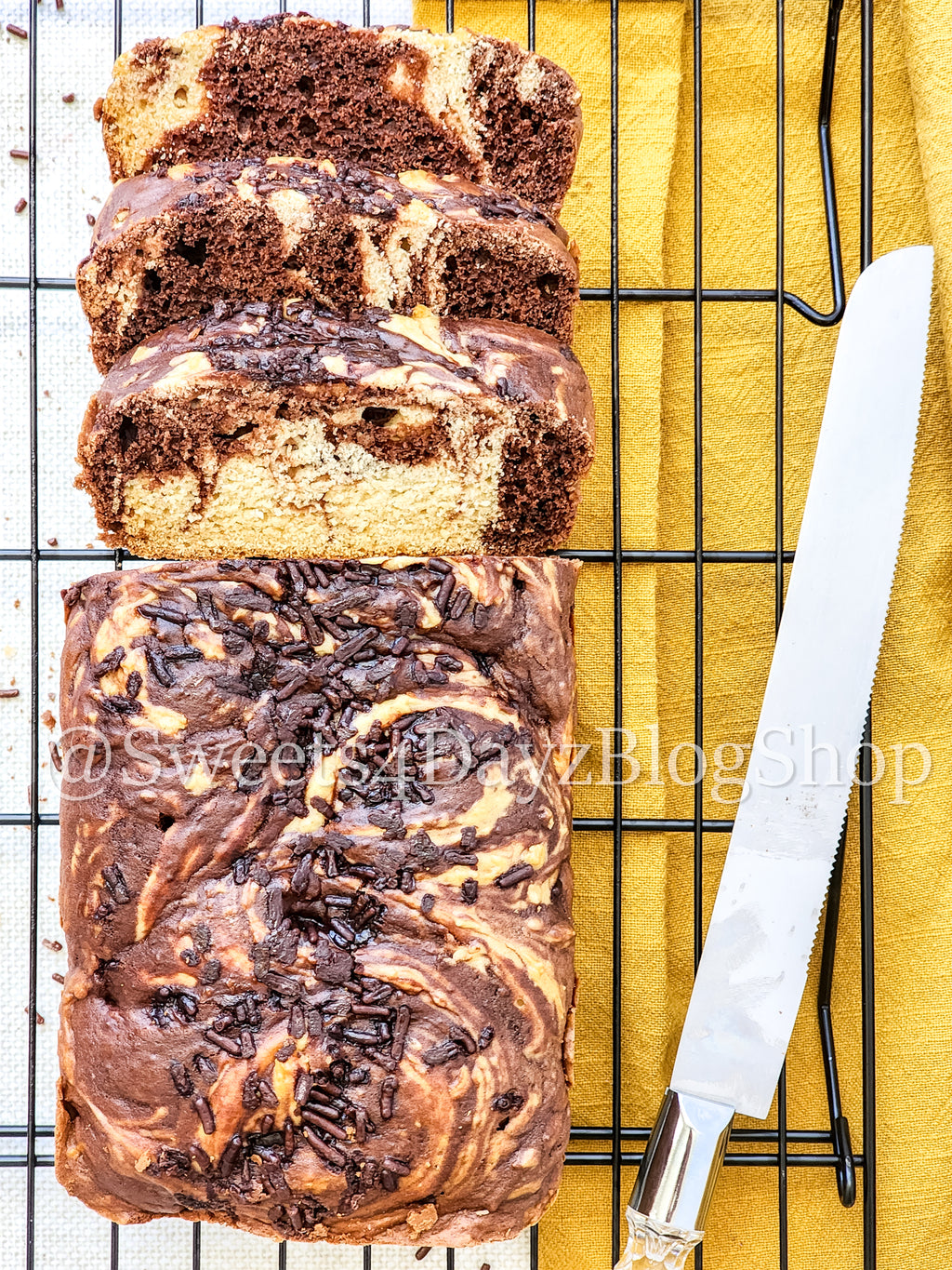 Chocolate Vanilla Swirl Ice Cream Bread on Linen
