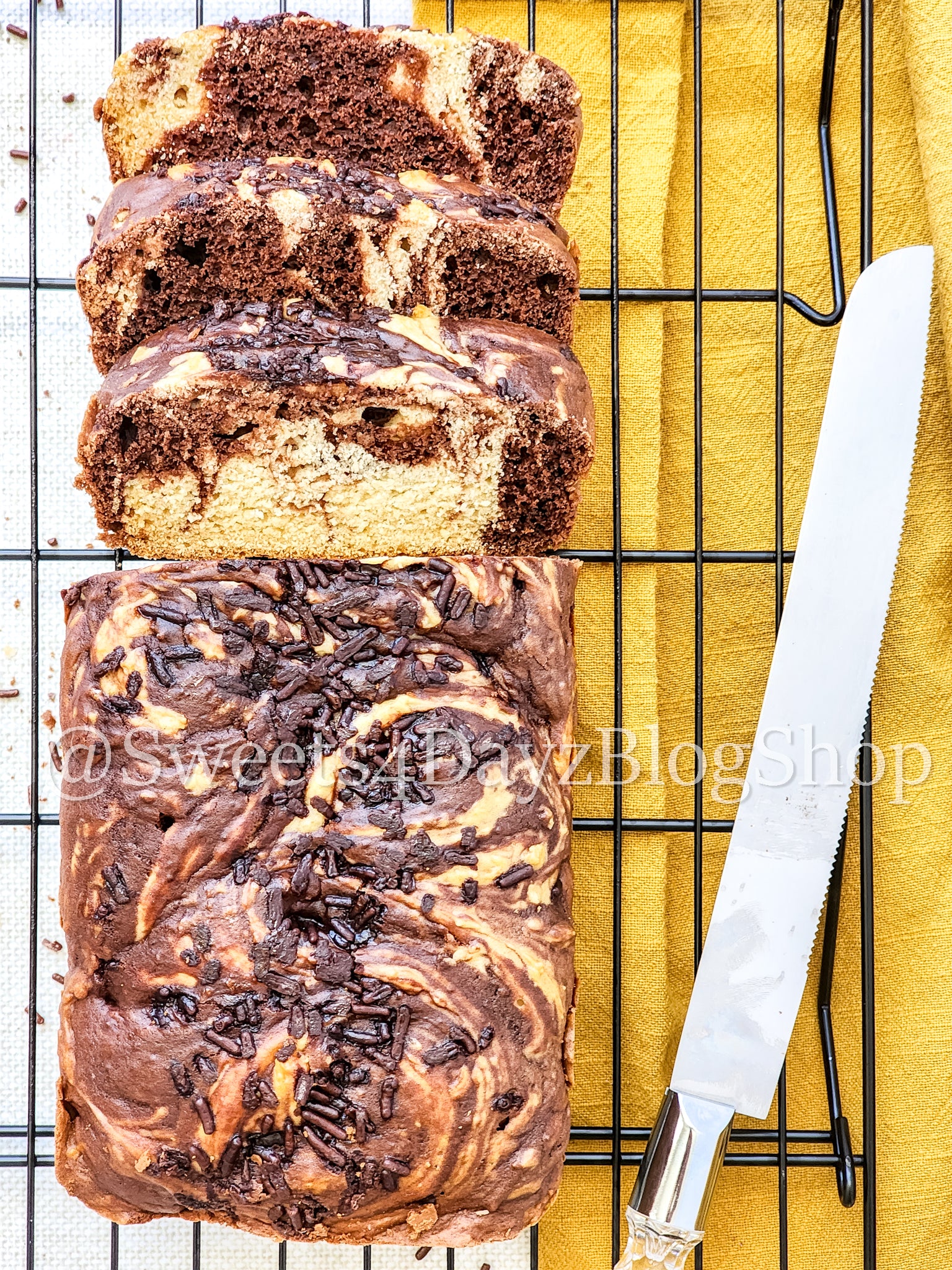 Chocolate Vanilla Swirl Ice Cream Bread on Linen