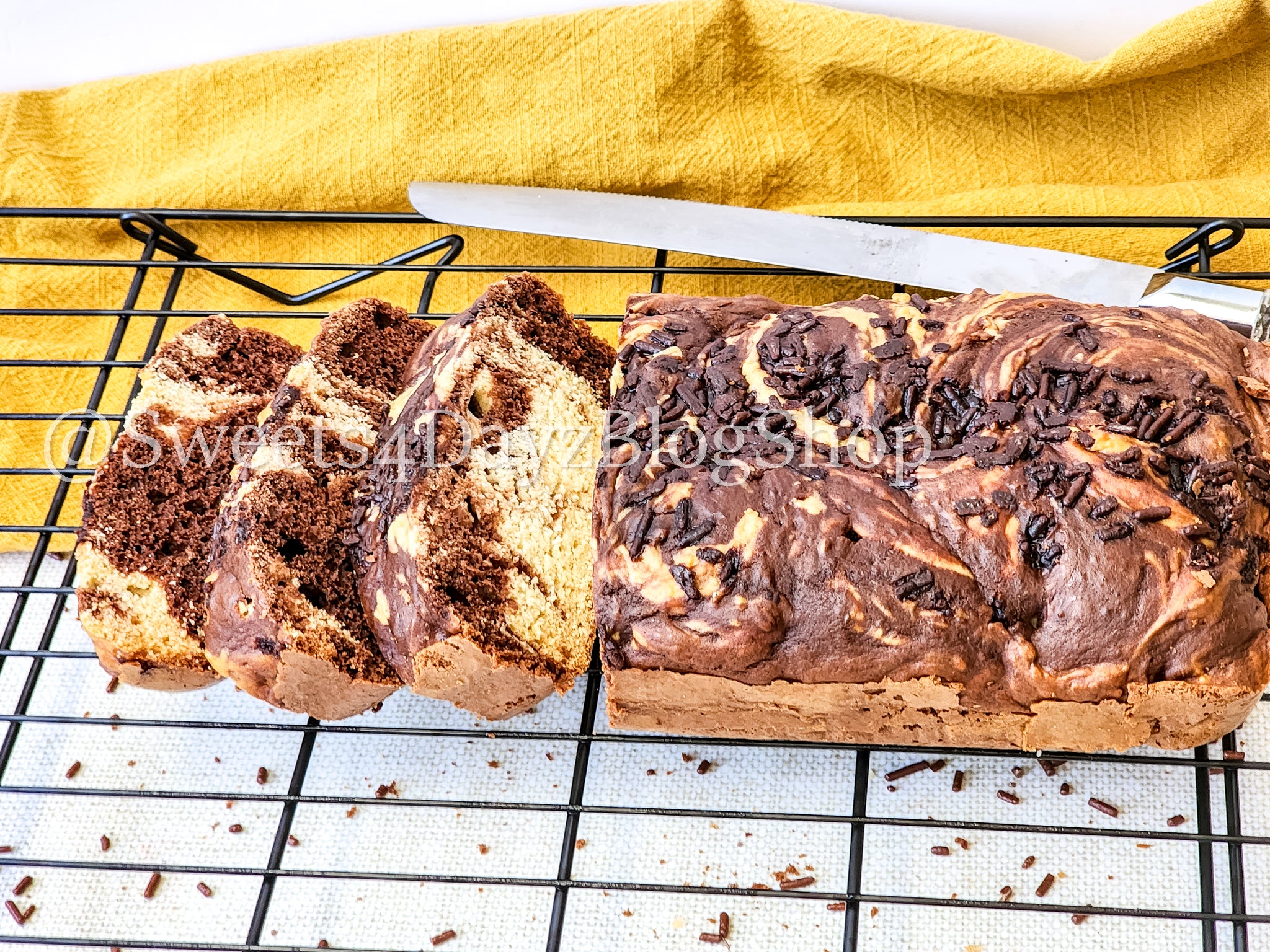 Chocolate Vanilla Swirl Ice Cream Bread on Linen