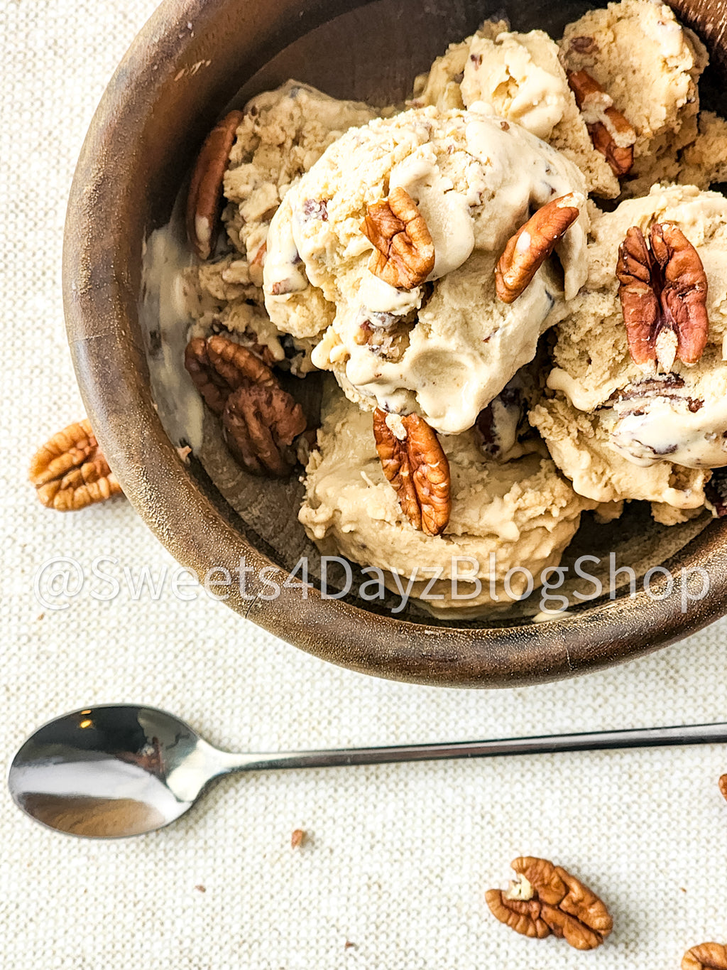Homemade Butter Pecan Ice Cream on Linen