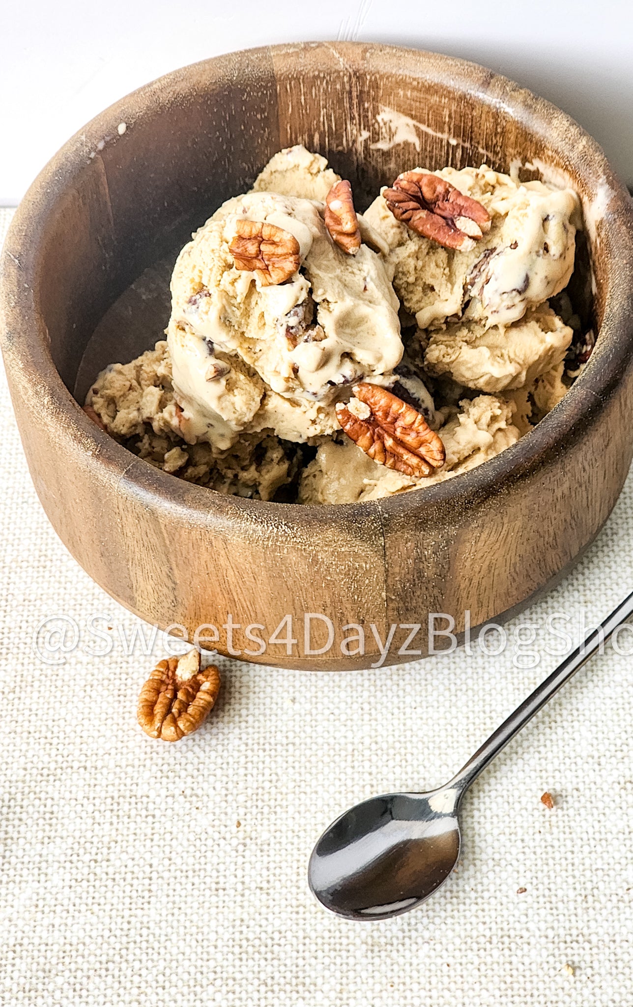 Homemade Butter Pecan Ice Cream on Linen