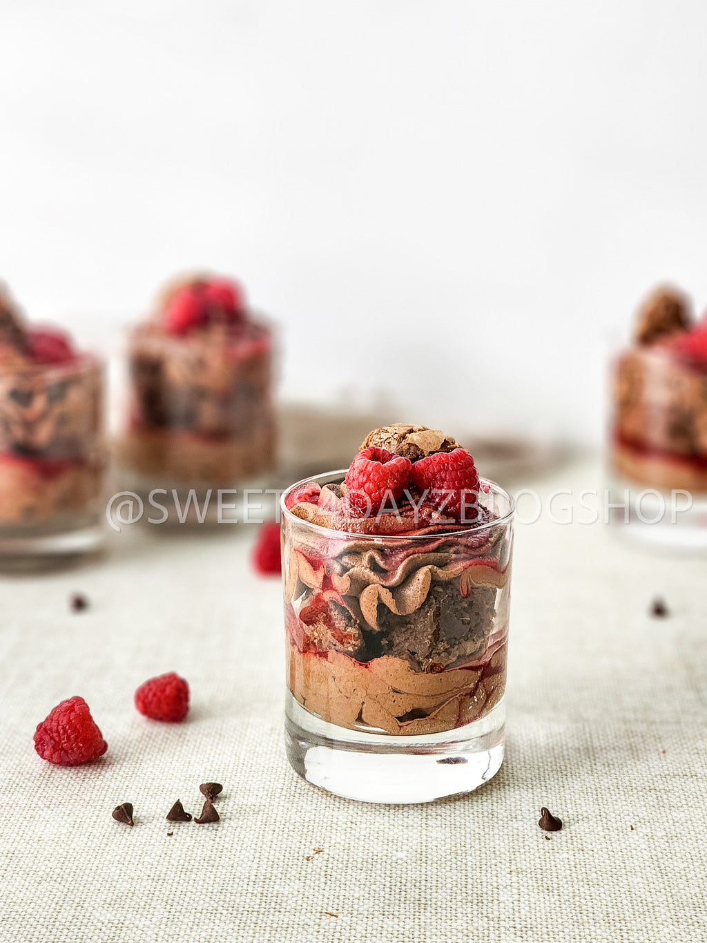 Simple Raspberry Fudge Parfait on Linen