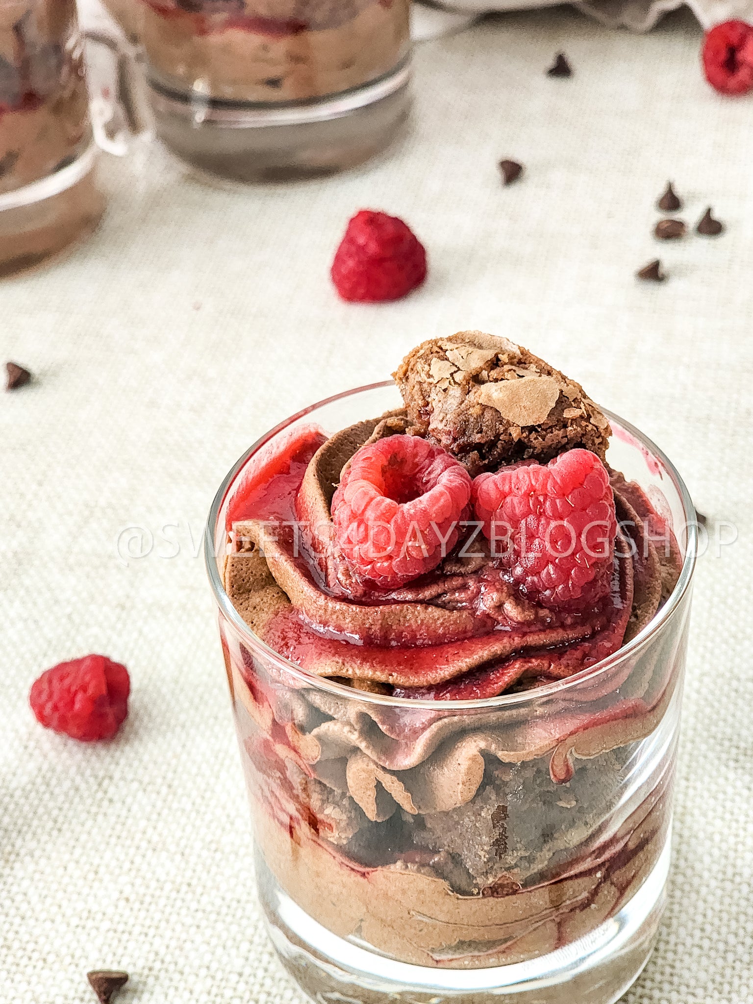 Simple Raspberry Fudge Parfait on Linen