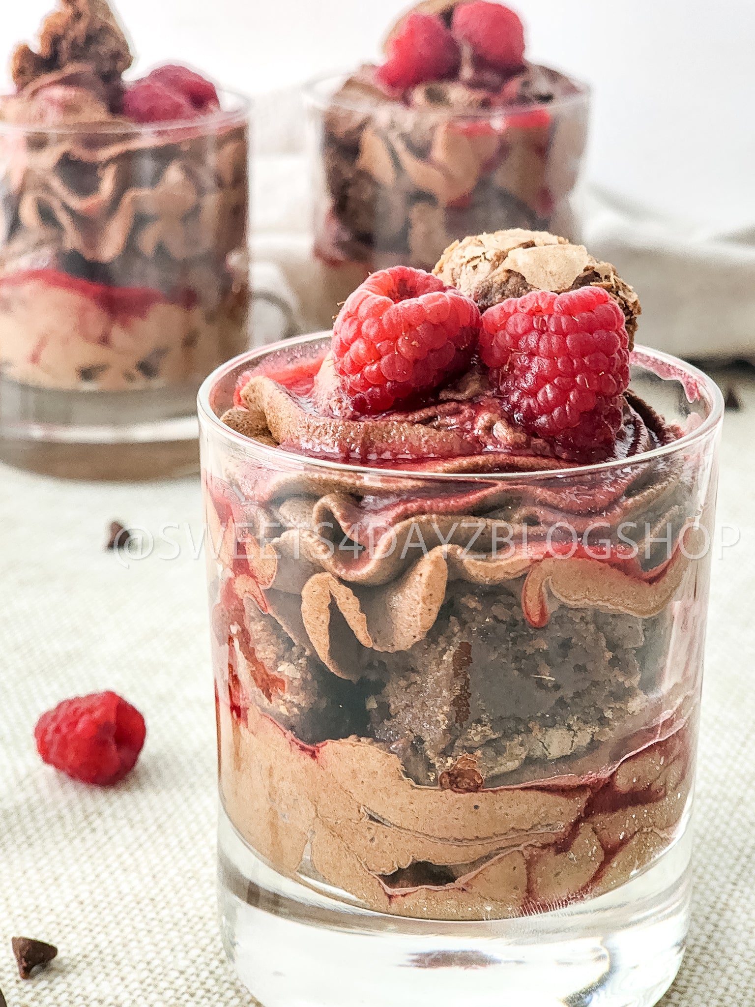Simple Raspberry Fudge Parfait on Linen