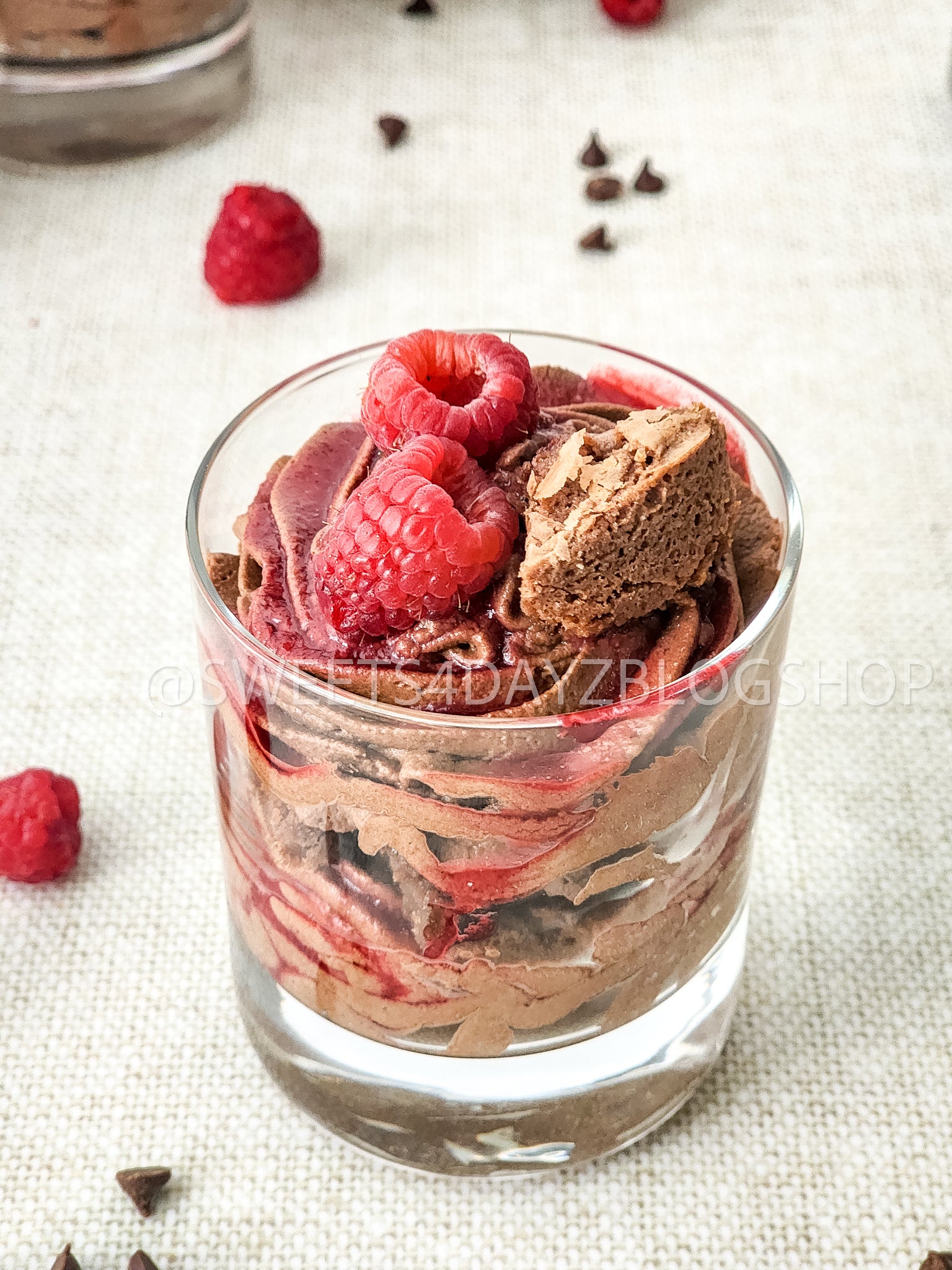 Simple Raspberry Fudge Parfait on Linen