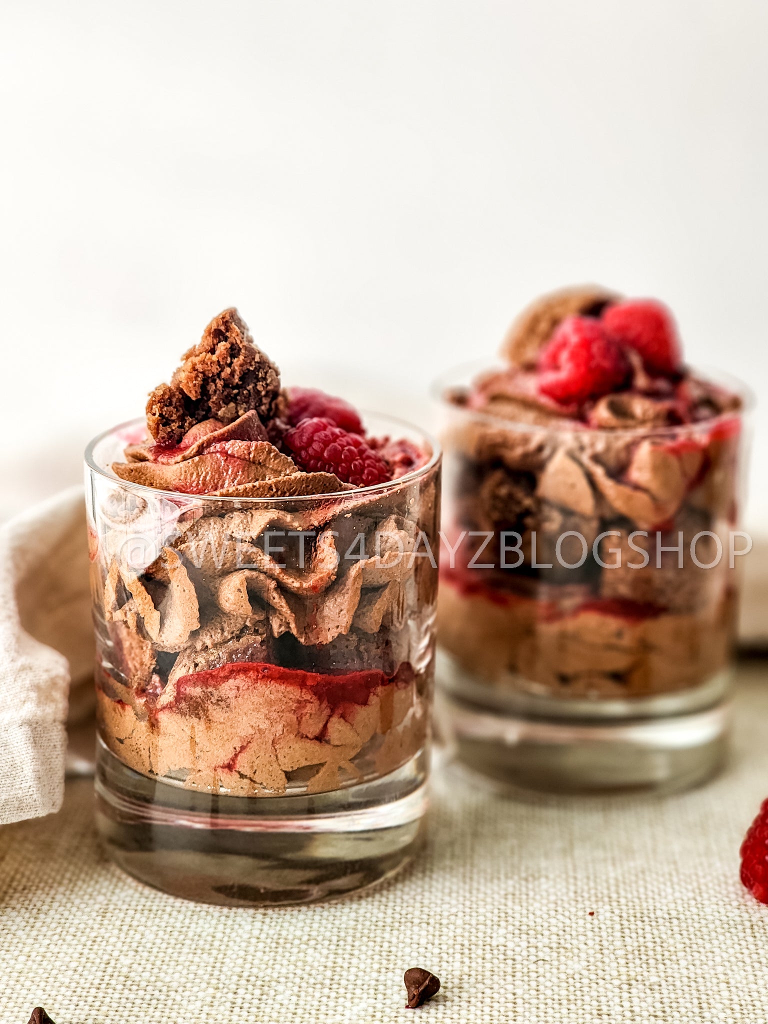 Simple Raspberry Fudge Parfait on Linen