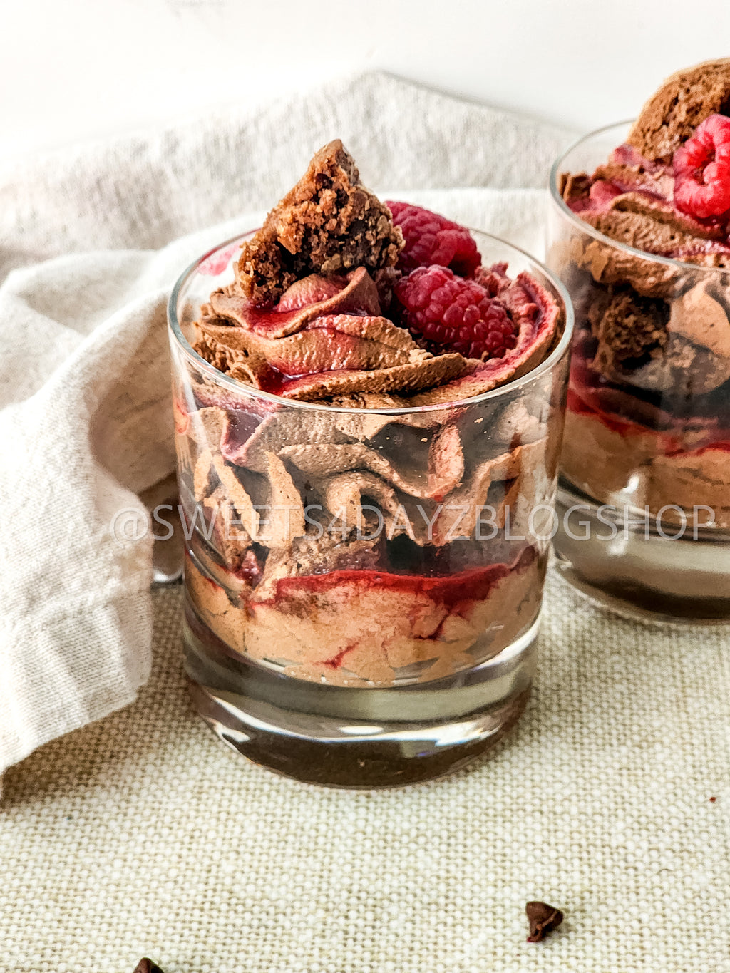 Simple Raspberry Fudge Parfait on Linen