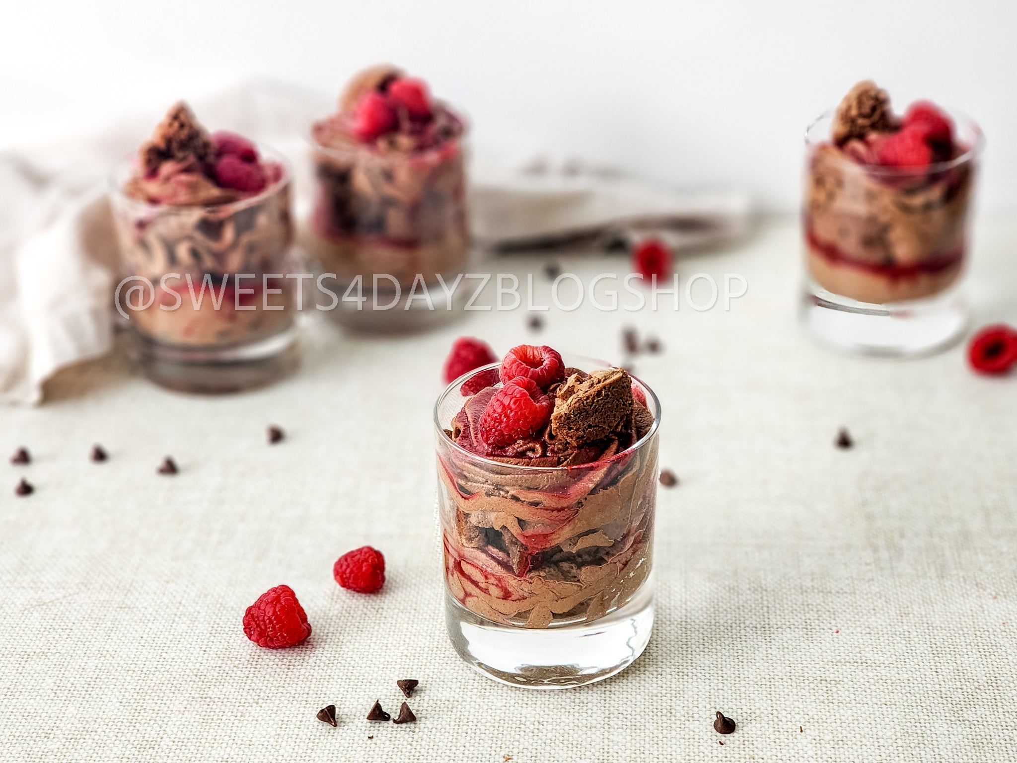 Simple Raspberry Fudge Parfait on Linen