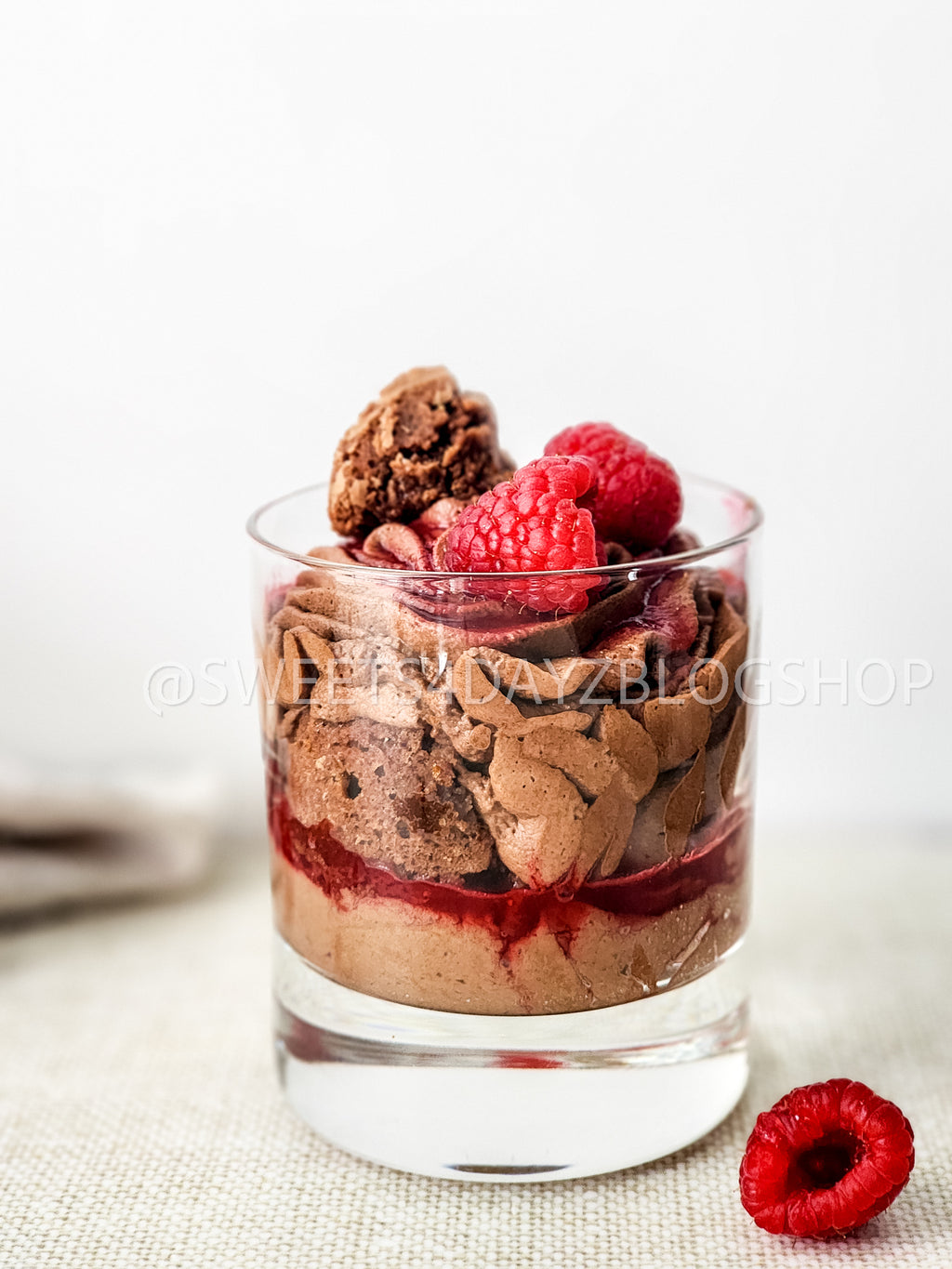 Simple Raspberry Fudge Parfait on Linen