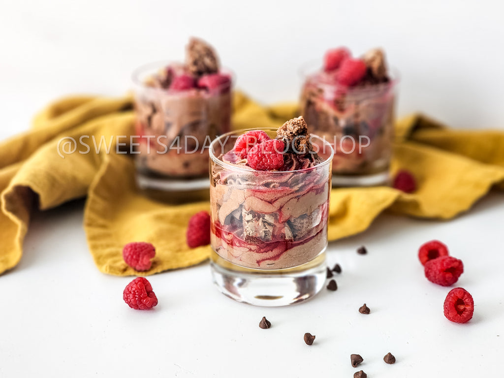Simple Raspberry Fudge Parfait on White
