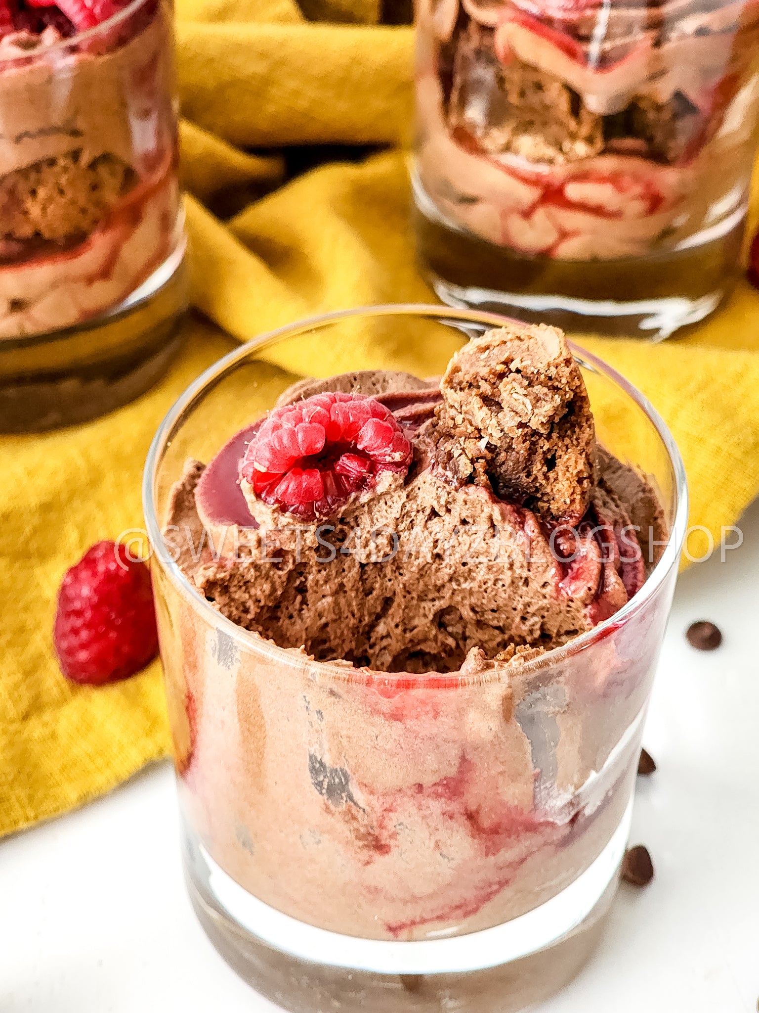 Simple Raspberry Fudge Parfait on White