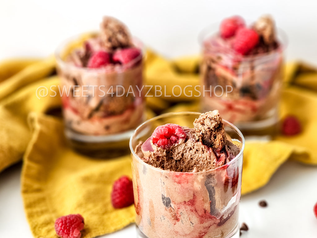 Simple Raspberry Fudge Parfait on White