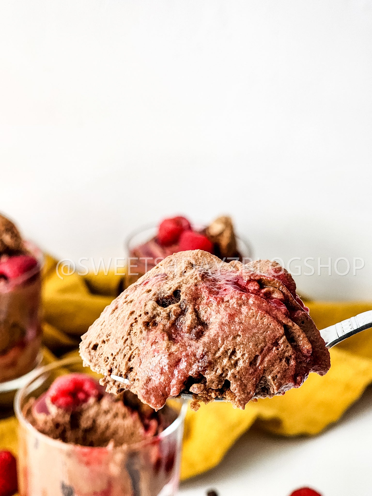Simple Raspberry Fudge Parfait on White