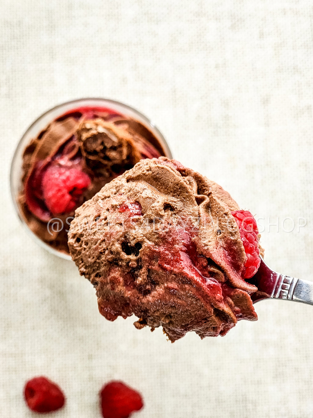 Simple Raspberry Fudge Parfait on Linen