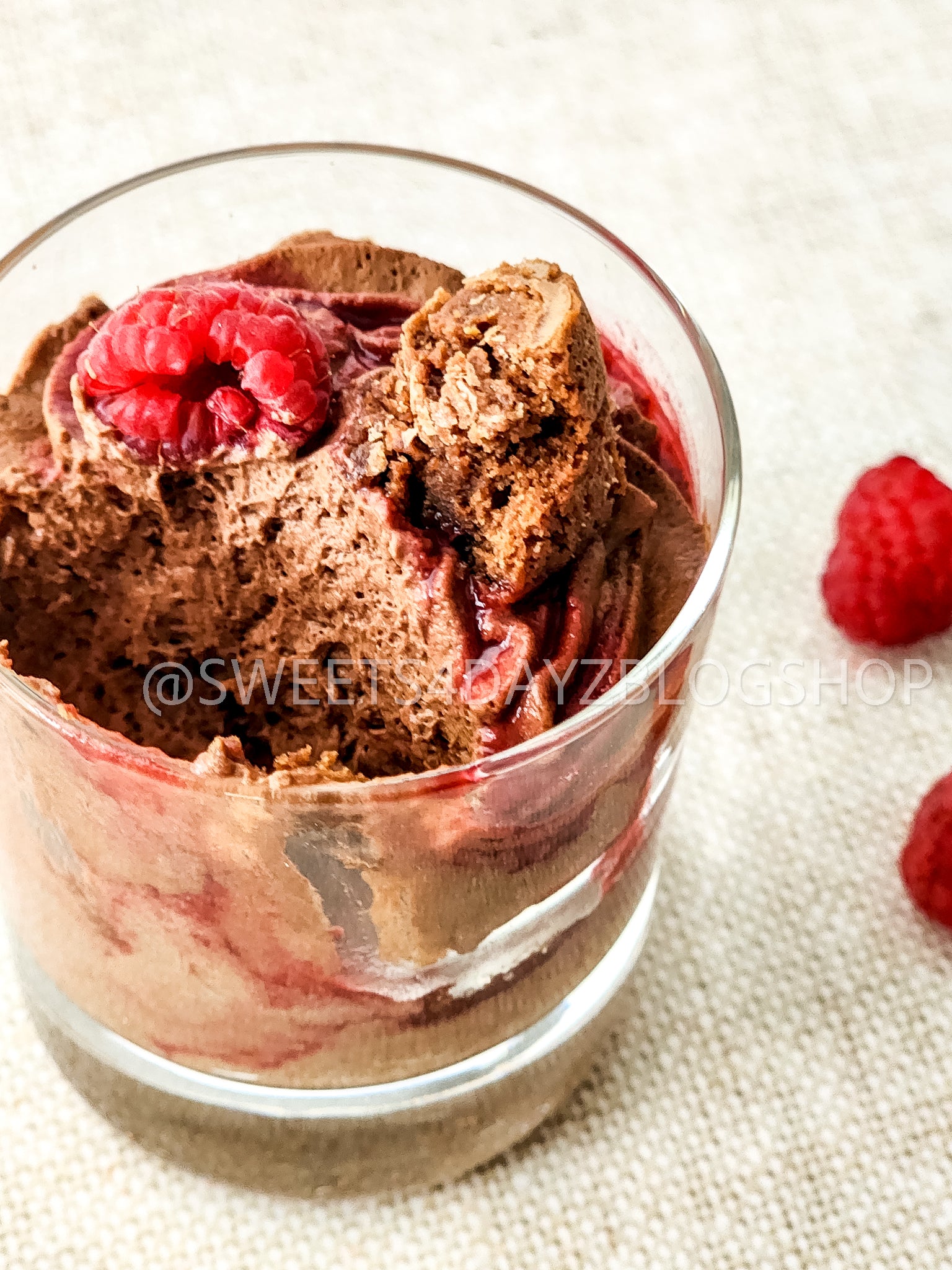 Simple Raspberry Fudge Parfait on Linen