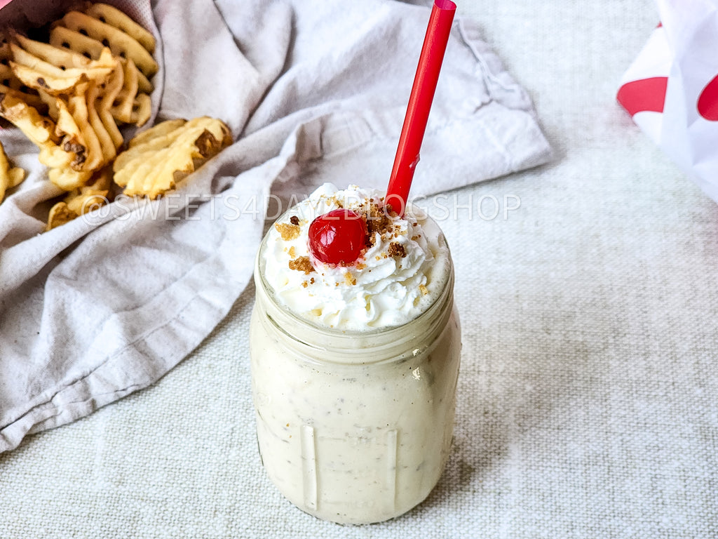 Copycat Chick Fil A Caramel Crunch Milkshake on Linen