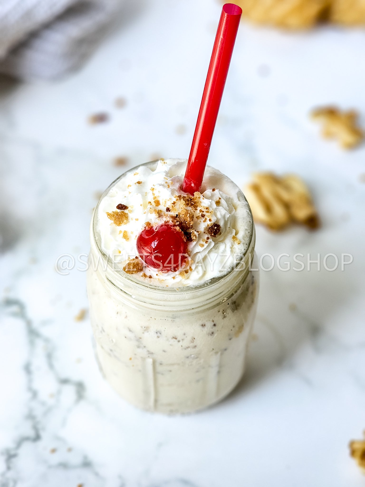 Copycat Chick Fil A Caramel Crunch Milkshake on Marble