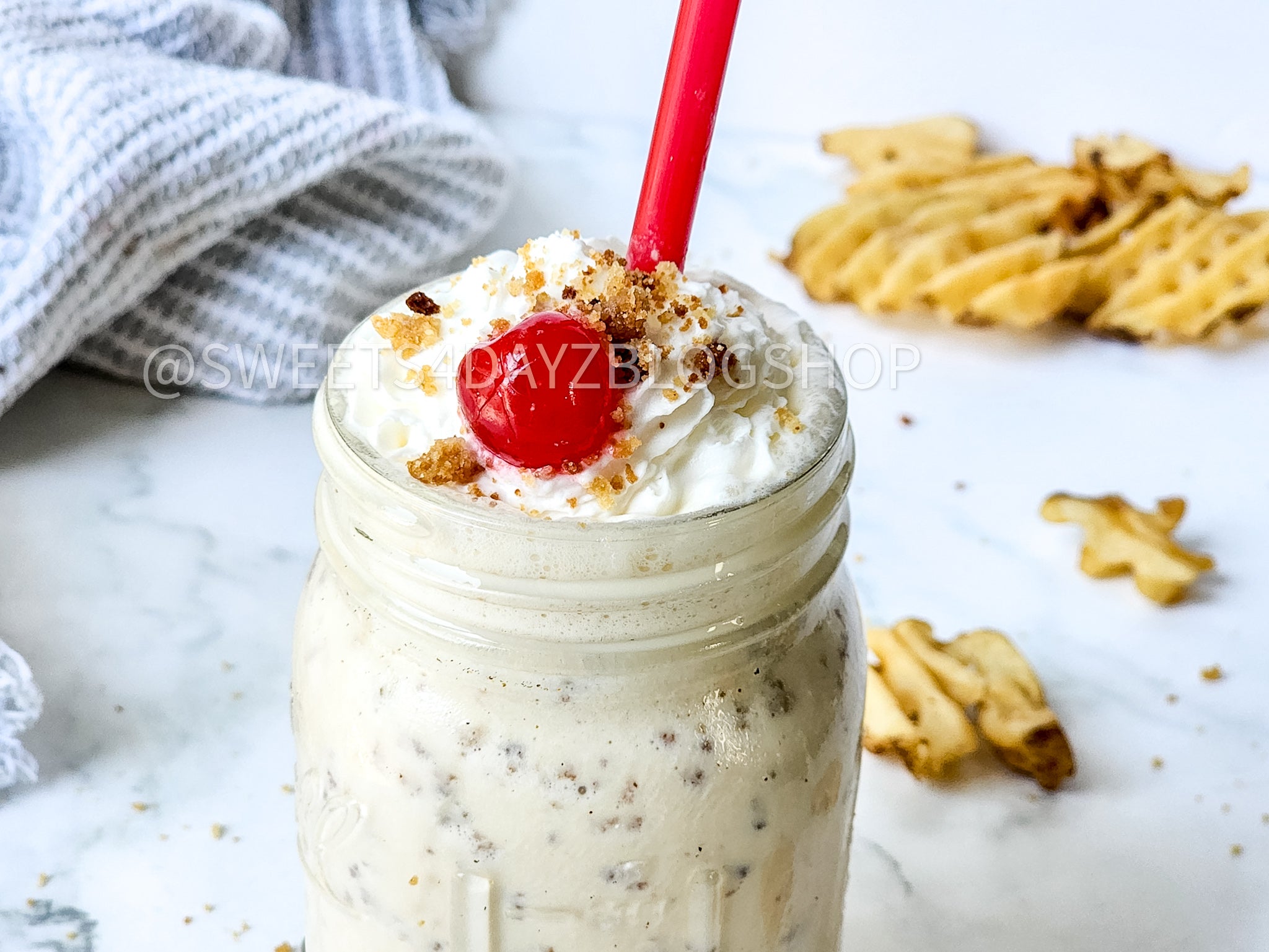 Copycat Chick Fil A Caramel Crunch Milkshake on Marble