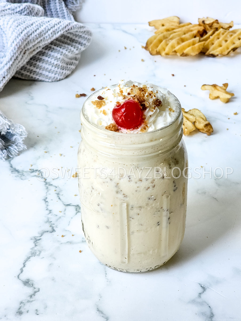 Copycat Chick Fil A Caramel Crunch Milkshake on Marble