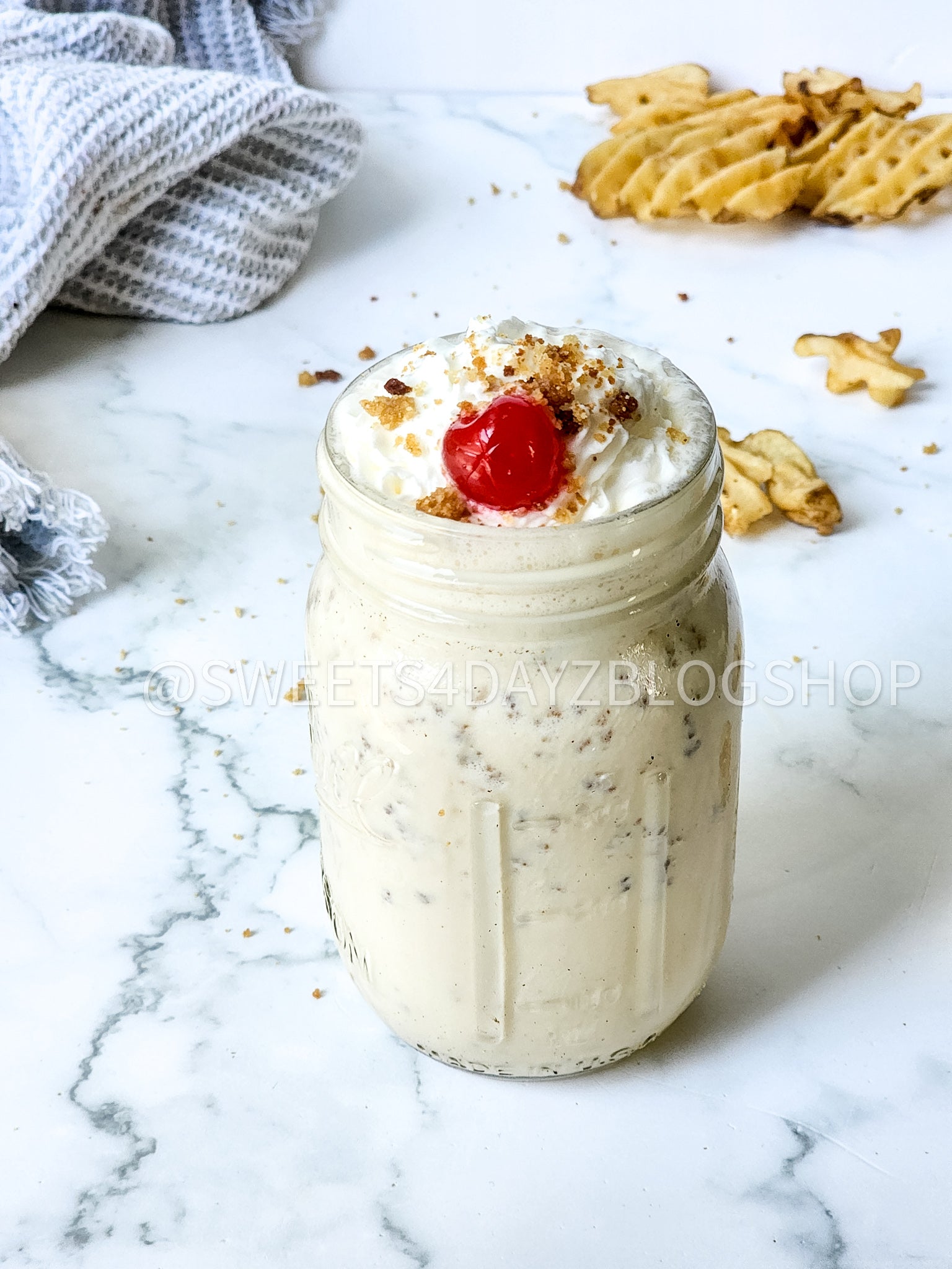 Copycat Chick Fil A Caramel Crunch Milkshake on Marble