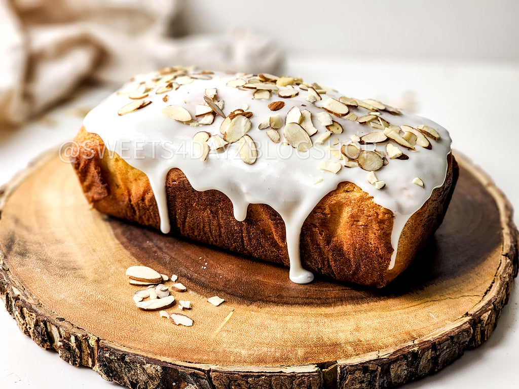 Almond Glazed Loaf Cake on White