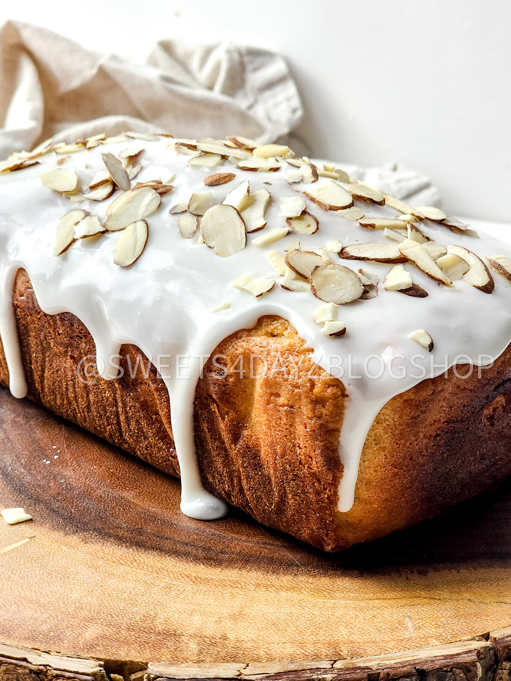 Almond Glazed Loaf Cake on White