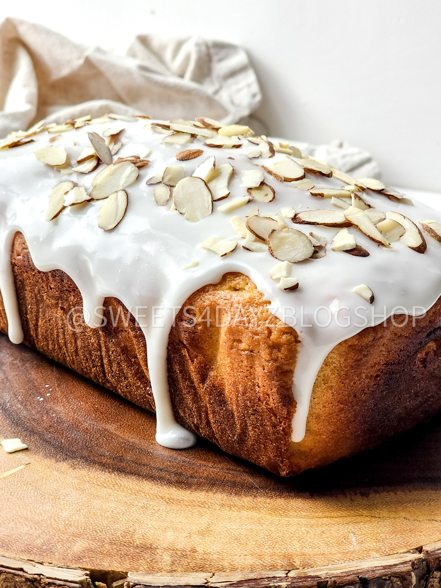 Almond Glazed Loaf Cake on White