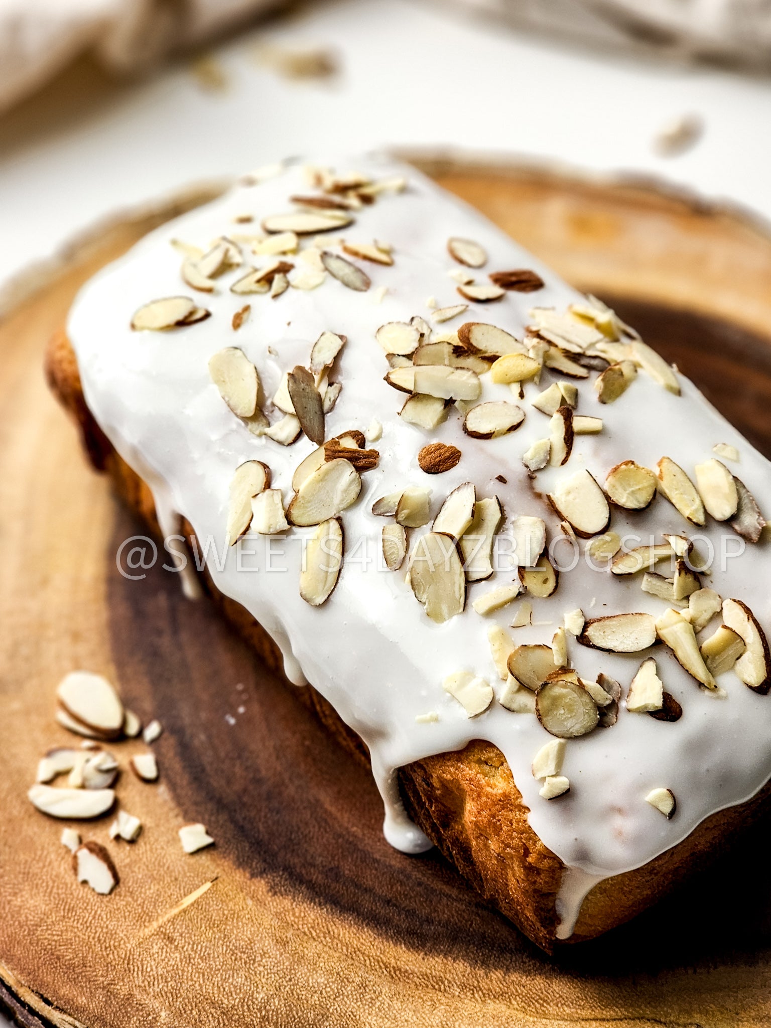 Almond Glazed Loaf Cake on White