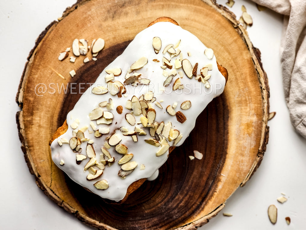 Almond Glazed Loaf Cake on White