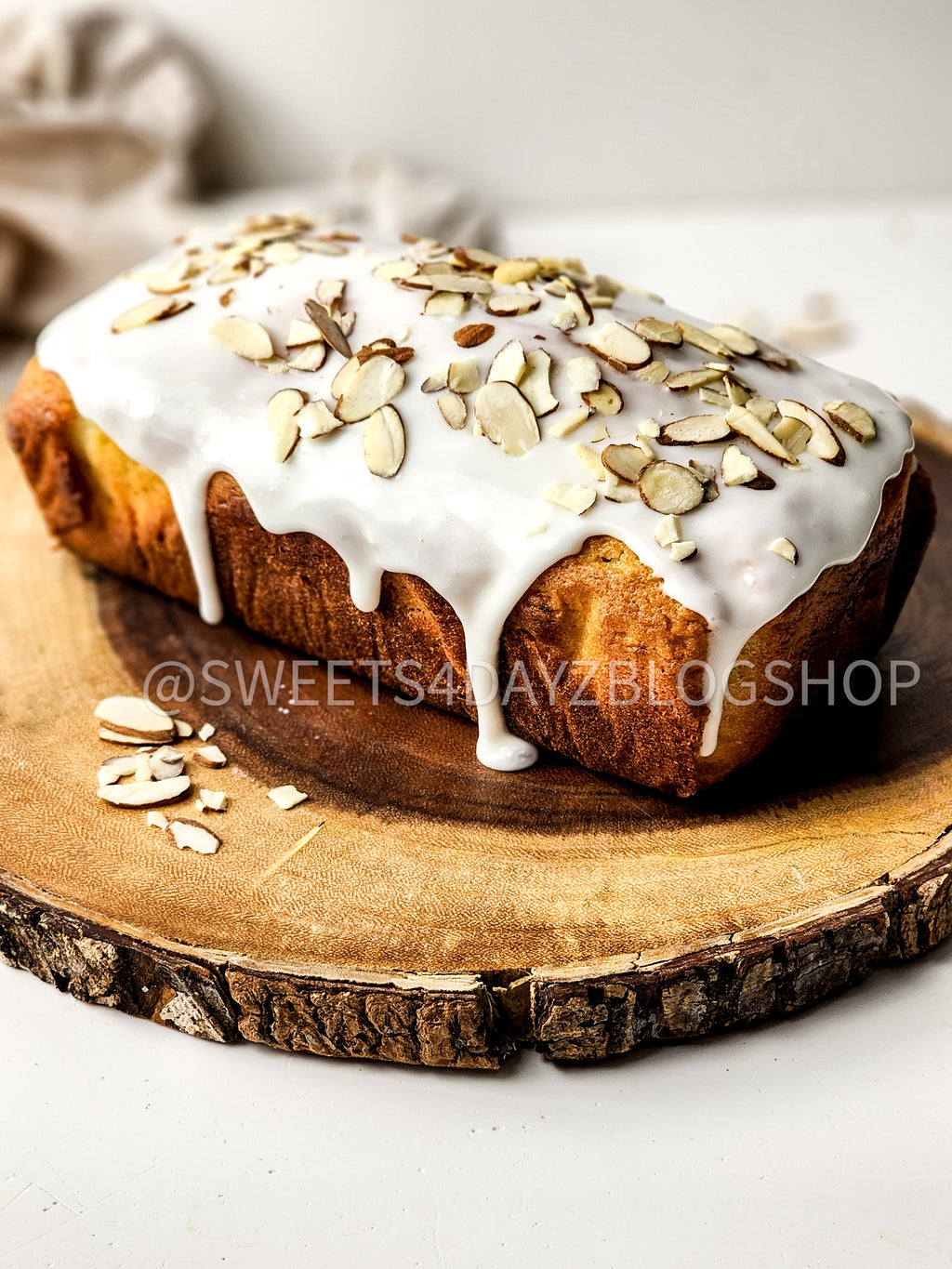 Almond Glazed Loaf Cake on White