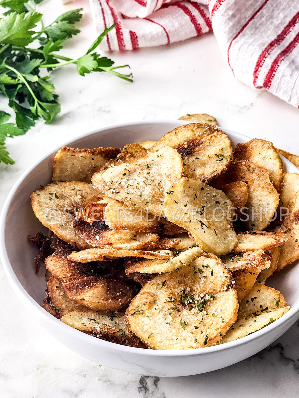 Homemade Potato Chips on Marble