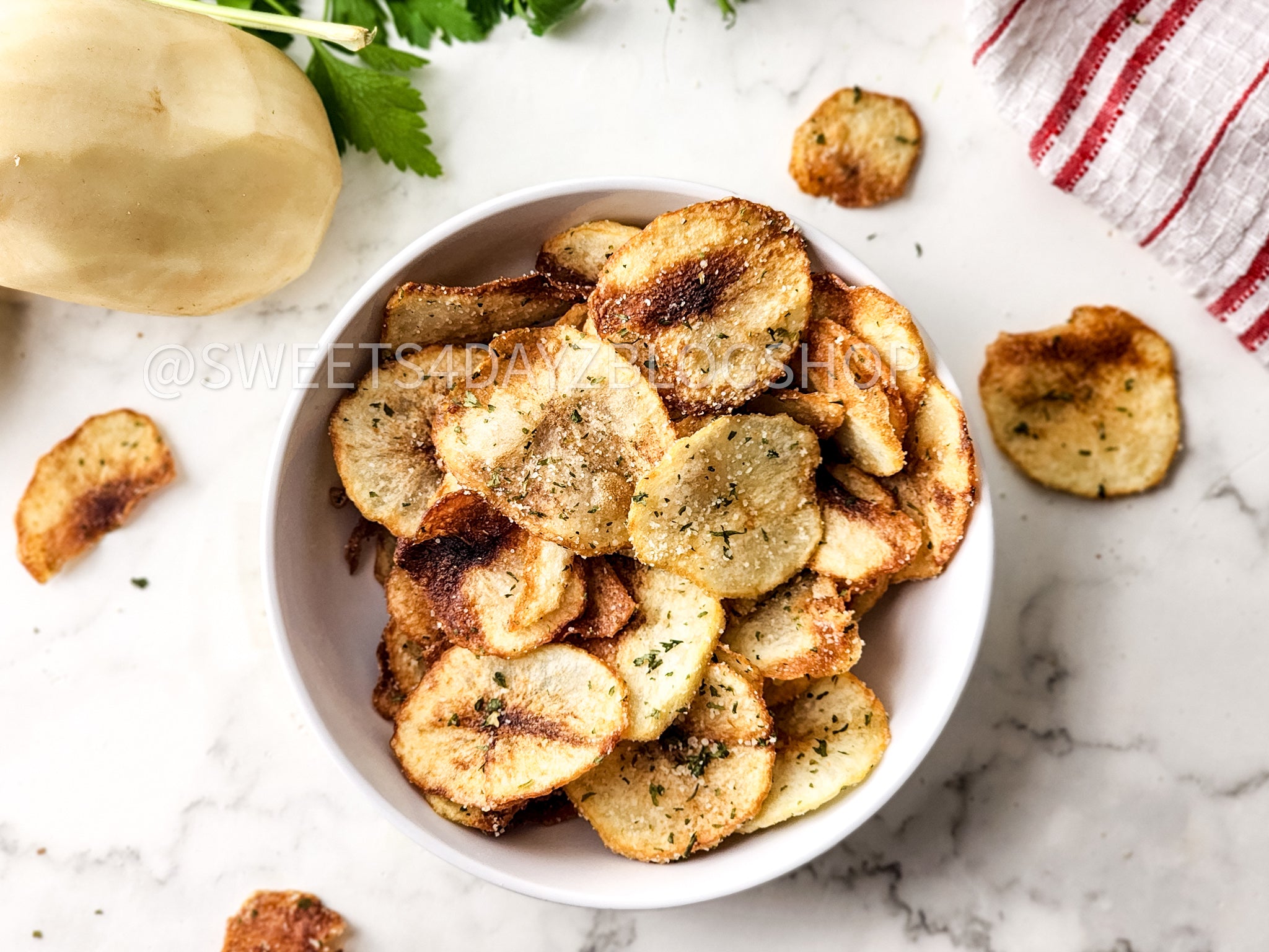 Homemade Potato Chips on Marble