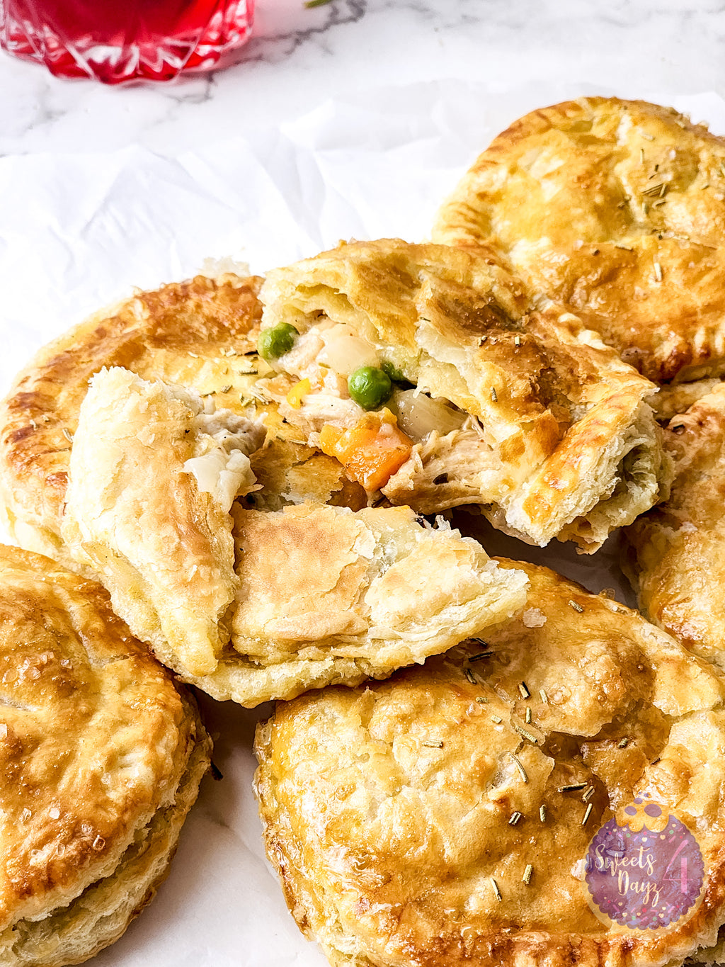Chicken Pot Pie Puff Pastries on Marble