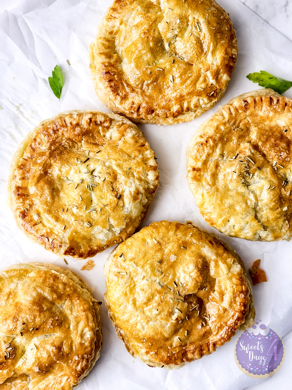 Chicken Pot Pie Puff Pastries on Marble