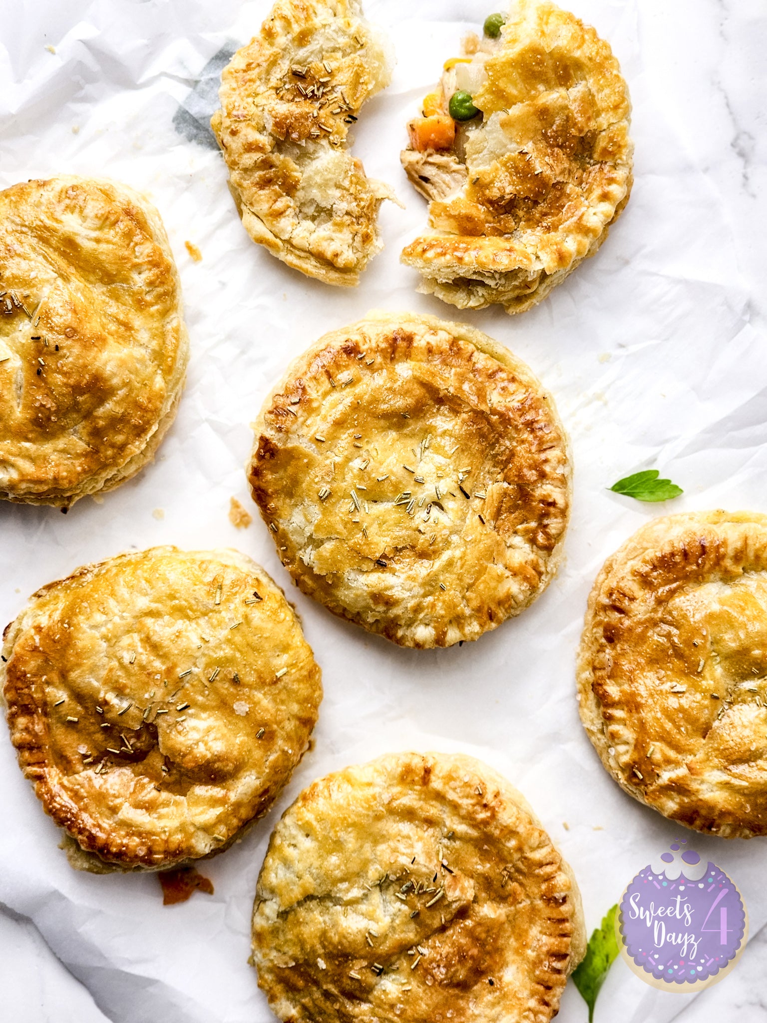 Chicken Pot Pie Puff Pastries on Marble