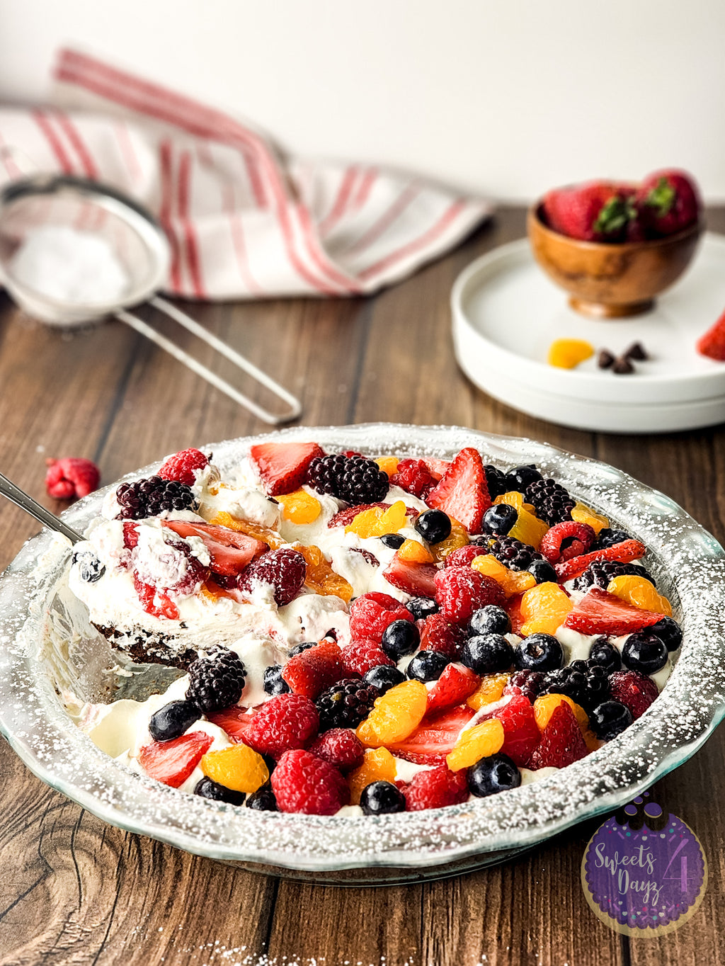 Gluten Free Brownie Fruit Pizza on Brown Wood