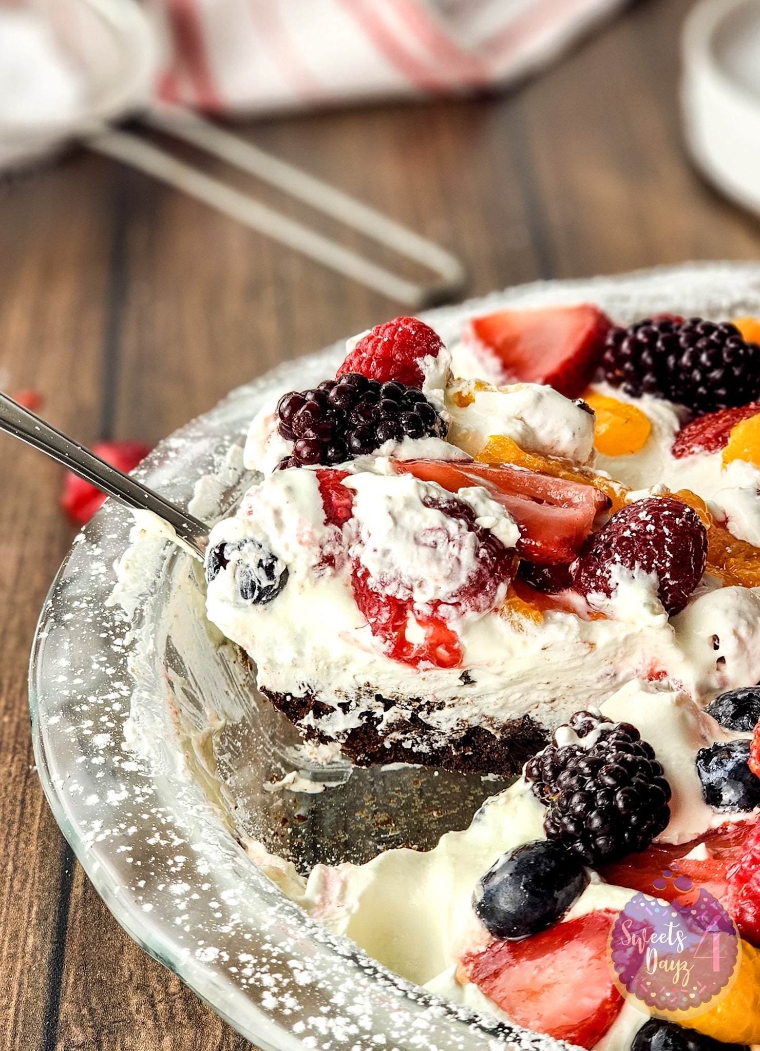 Gluten Free Brownie Fruit Pizza on Brown Wood