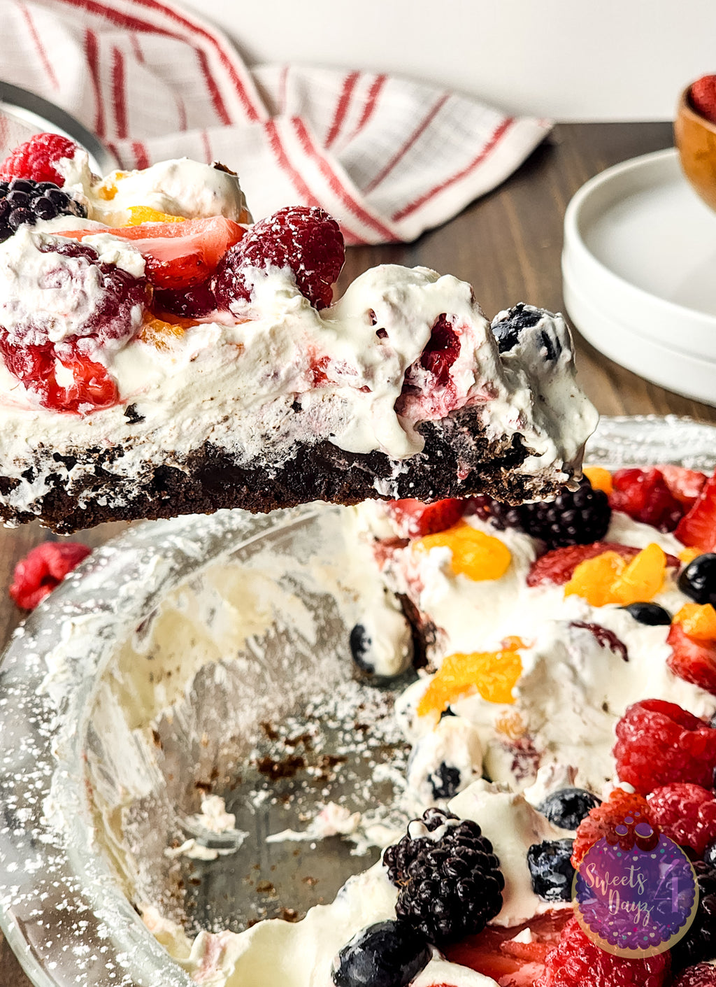 Gluten Free Brownie Fruit Pizza on Brown Wood