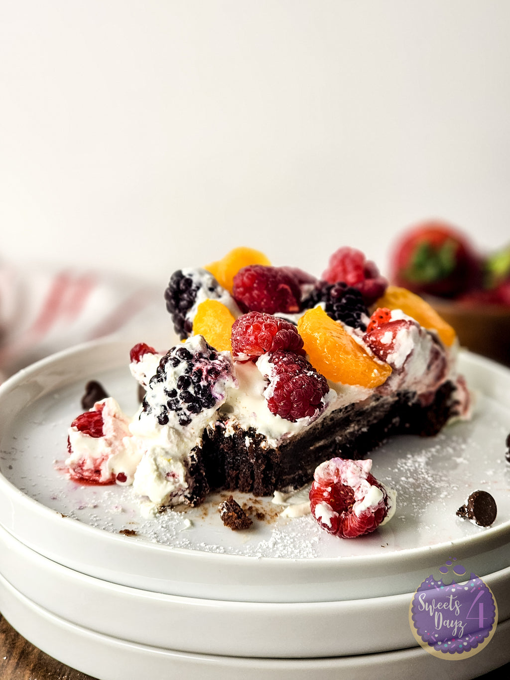 Gluten Free Brownie Fruit Pizza on Brown Wood