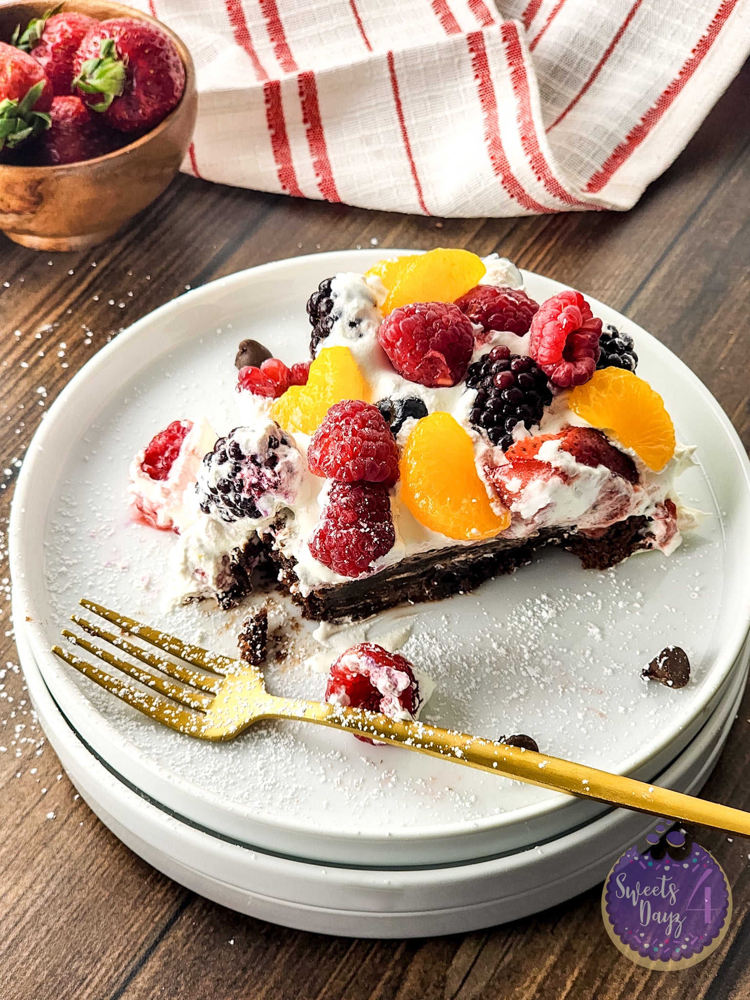Gluten Free Brownie Fruit Pizza on Brown Wood