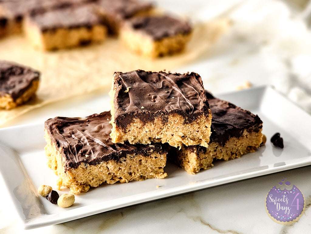 Peanut Butter Chocolate Rice Krispy Treats on Gold Marble